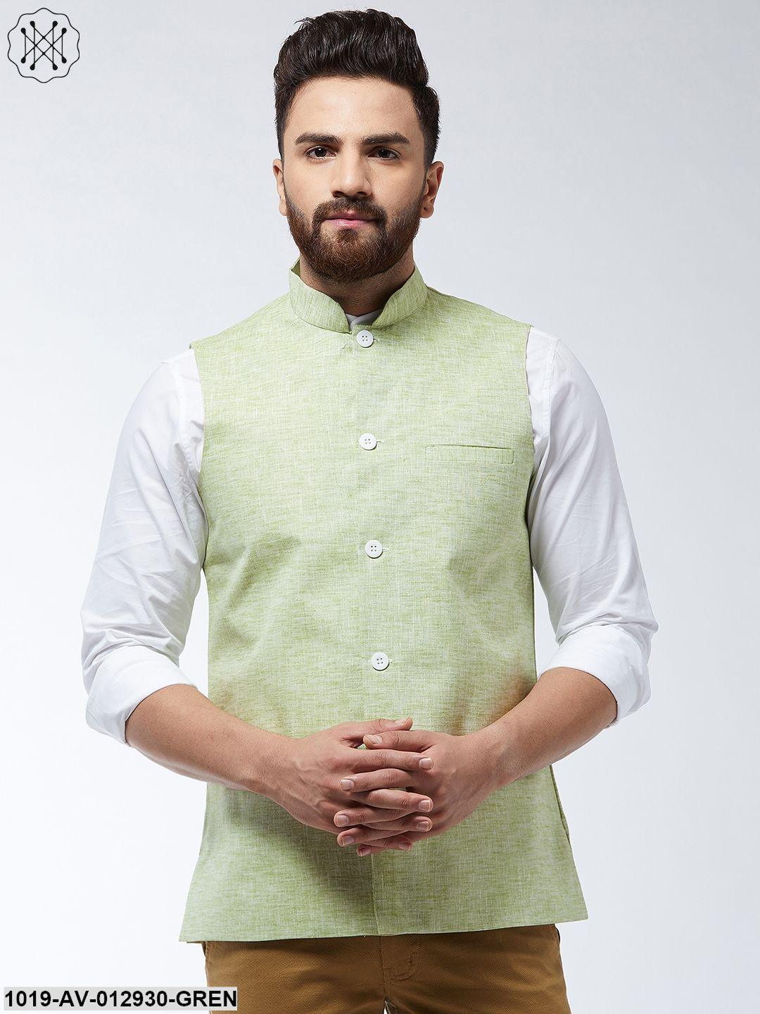 Men's Cotton Linen Blend Green Nehru Jacket - Sojanya - Indiakreations