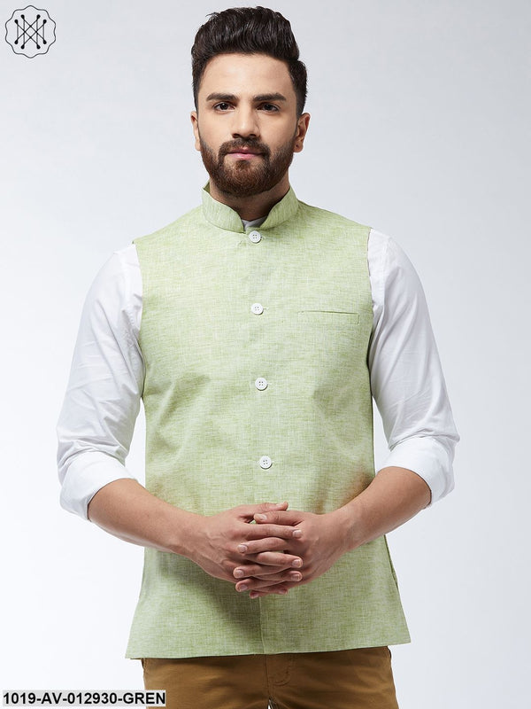 Men's Cotton Linen Blend Green Nehru Jacket - Sojanya