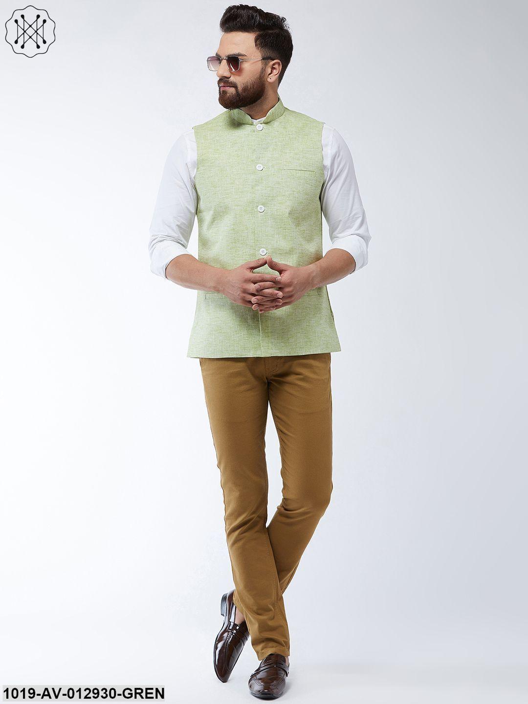 Men's Cotton Linen Blend Green Nehru Jacket - Sojanya - Indiakreations