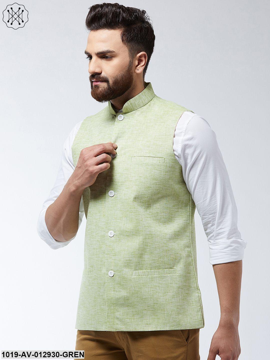 Men's Cotton Linen Blend Green Nehru Jacket - Sojanya - Indiakreations