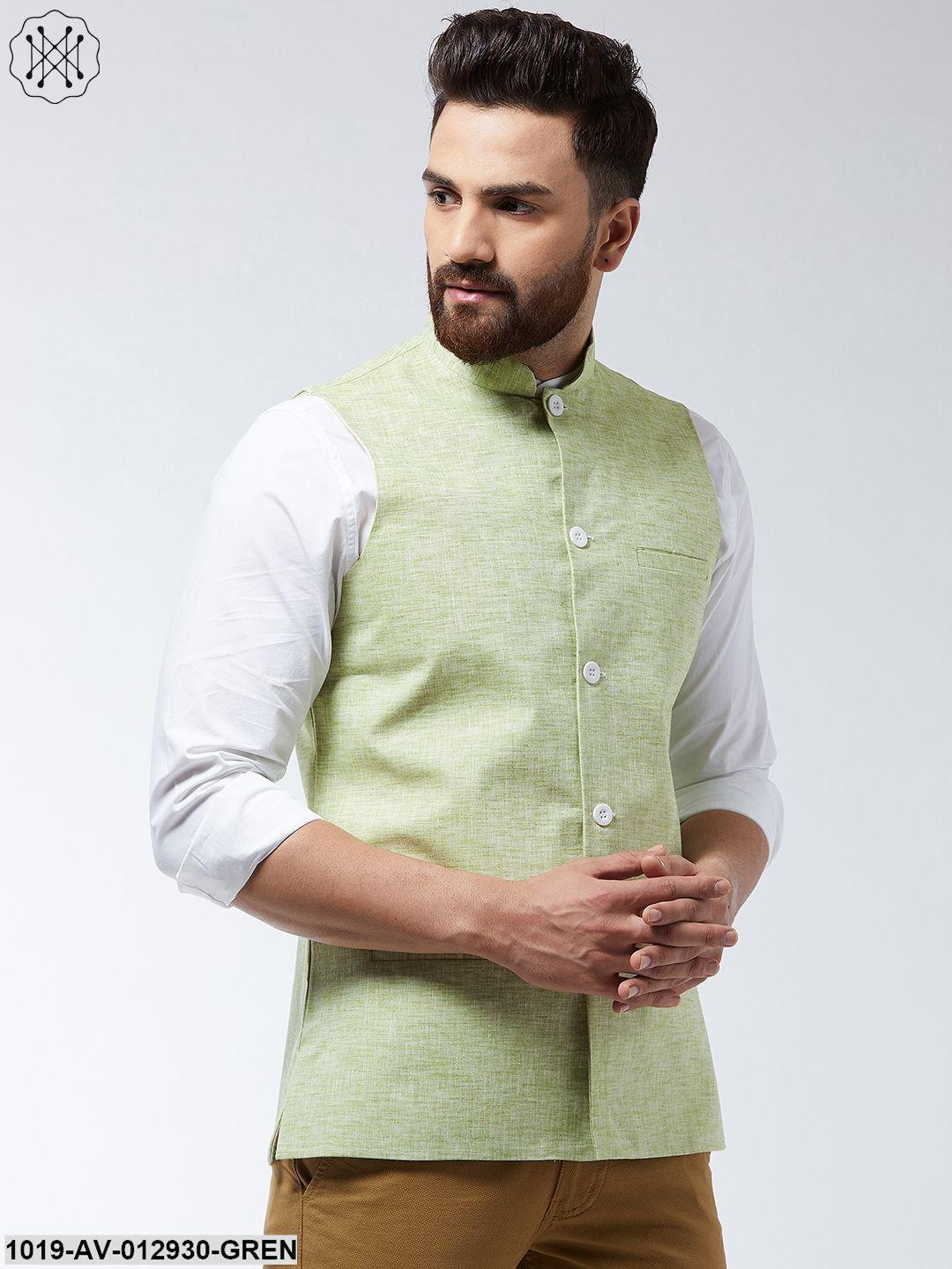 Men's Cotton Linen Blend Green Nehru Jacket - Sojanya - Indiakreations