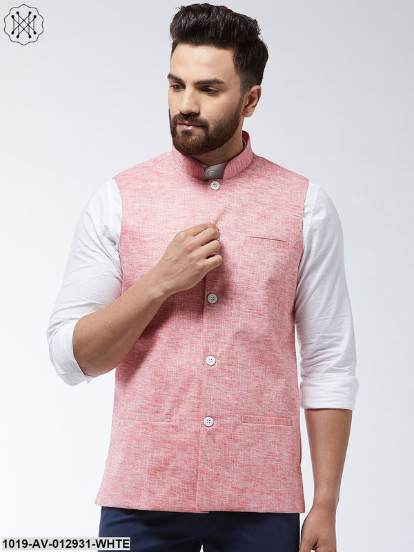 Men's Cotton Linen Blend Coral Nehru Jacket - Sojanya