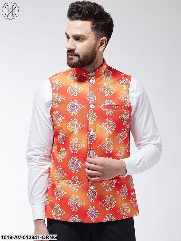 Men's Cotton Blend Orange & Off White Printed Nehru Jacket - Sojanya