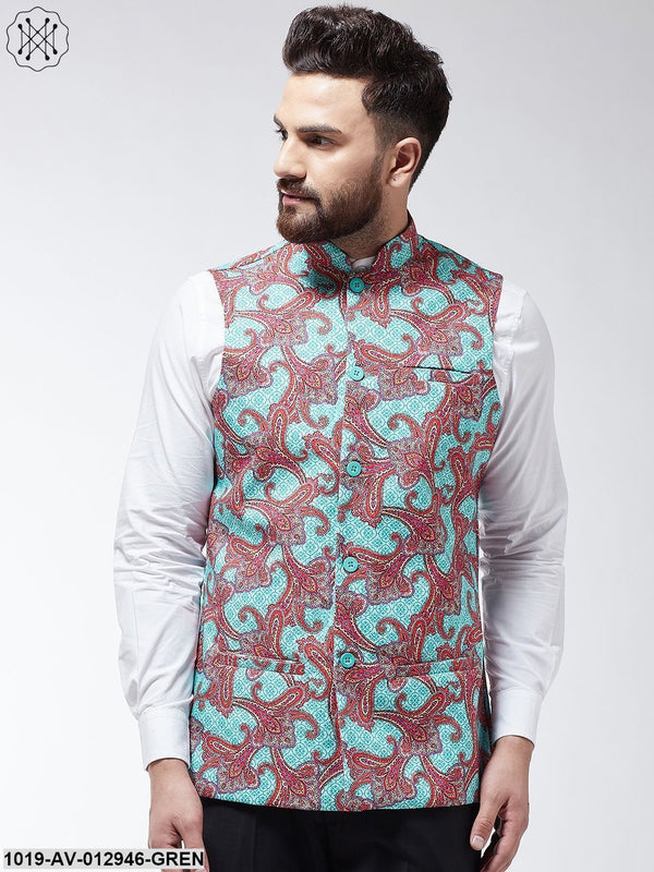 Men's Cotton Blend Sea Green & Multi Printed Nehru Jacket - Sojanya