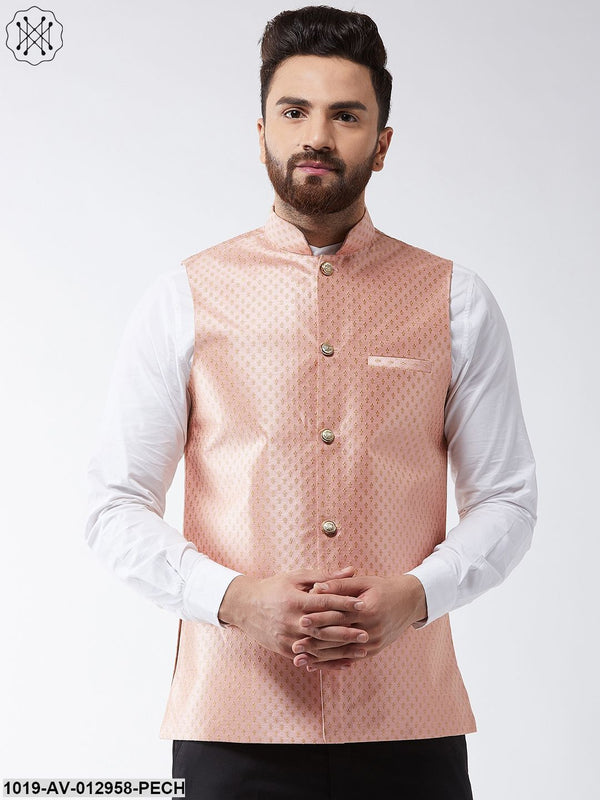 Men's Silk Blend Peach & Gold Self Design Nehru Jacket - Sojanya