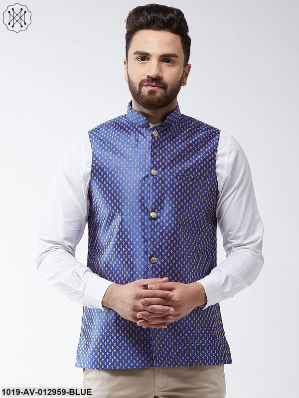 Men's Silk Blend Royal Blue & Gold Self Design Nehru Jacket - Sojanya