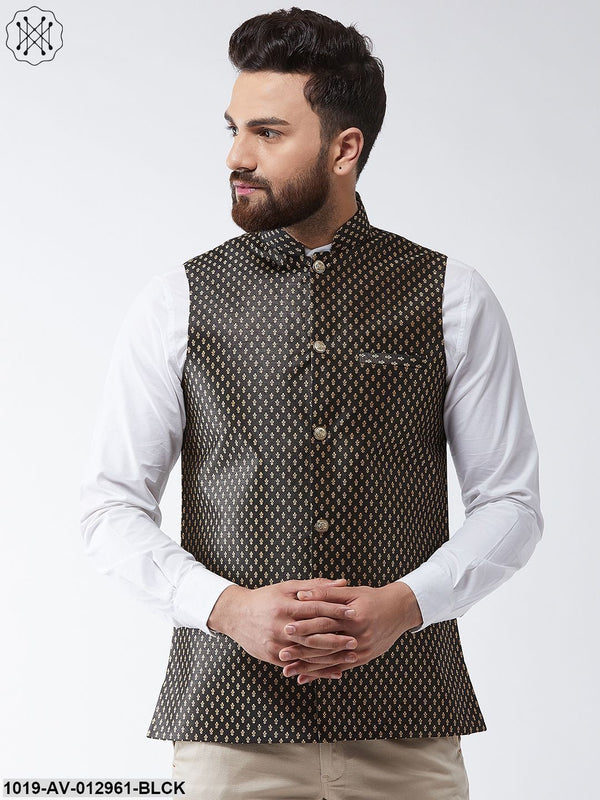 Men's Silk Blend Black & Gold Self Design Nehru Jacket - Sojanya