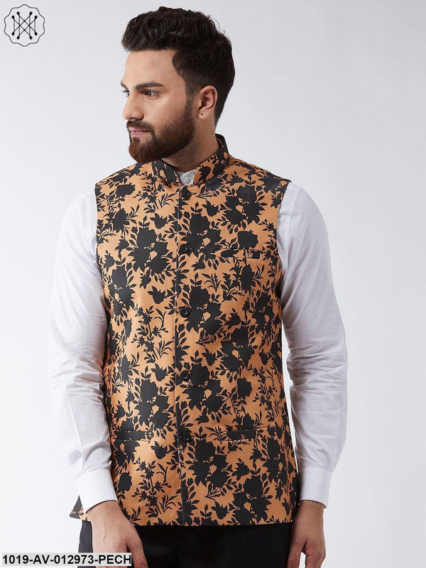 Men's Cotton Blend Dark Peach & Black Printed Nehru Jacket - Sojanya - Indiakreations