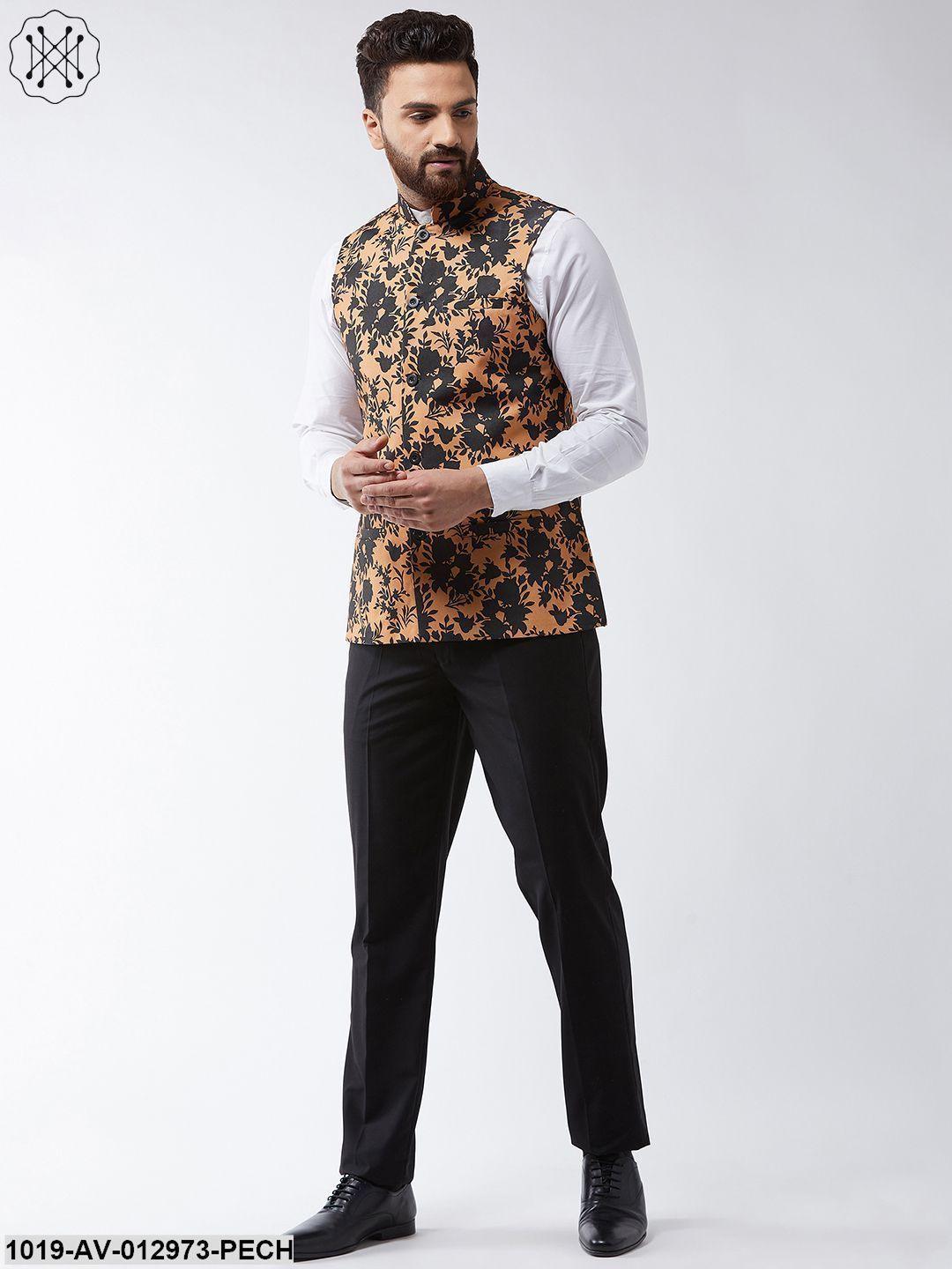 Men's Cotton Blend Dark Peach & Black Printed Nehru Jacket - Sojanya - Indiakreations