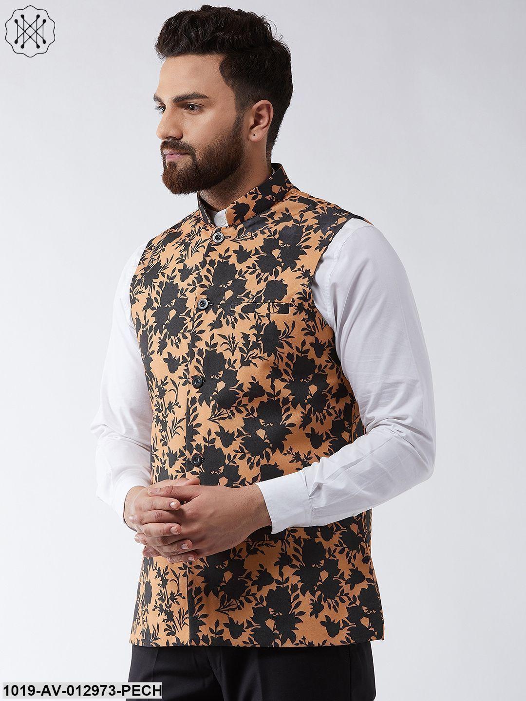 Men's Cotton Blend Dark Peach & Black Printed Nehru Jacket - Sojanya - Indiakreations