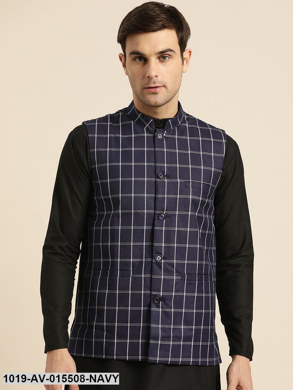 Men's Cotton Blend Navy Blue & White Checked Nehru Jacket - Sojanya