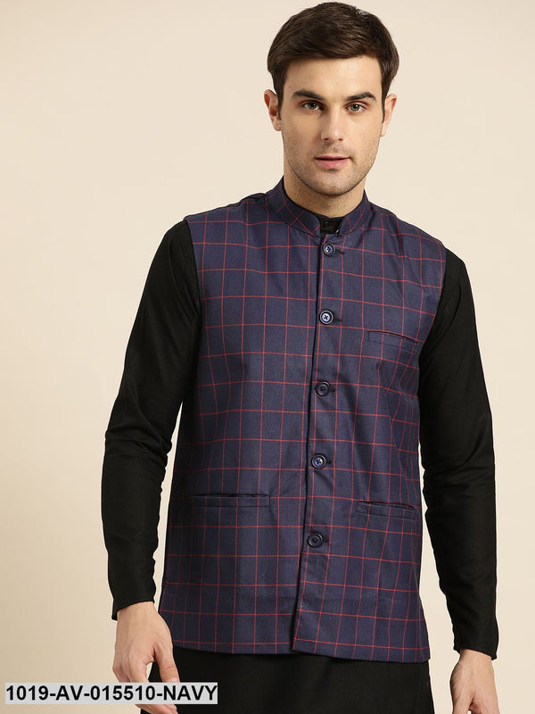 Men's Cotton Blend Navy Blue & Red Checked Nehru Jacket - Sojanya