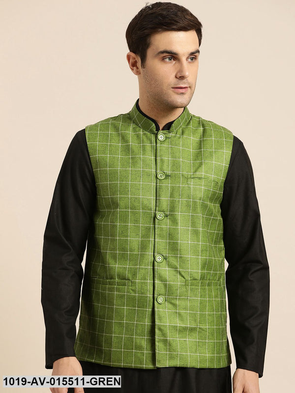 Men's Cotton Blend Green & Off White Checked Nehru Jacket - Sojanya