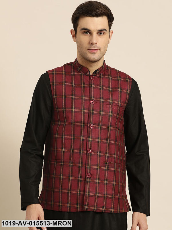 Men's Cotton Blend Maroon & Black Checked Nehru Jacket - Sojanya