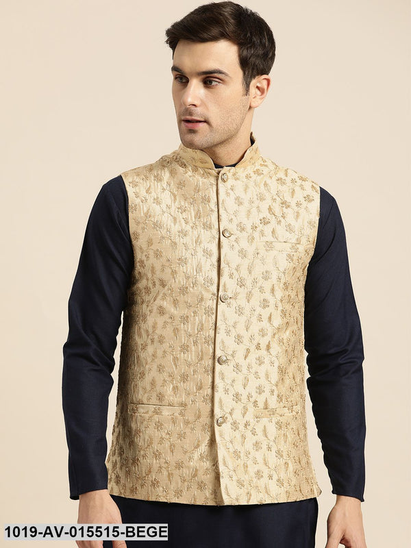 Men's Silk Blend Beige & Gold Embroidered Nehru Jacket - Sojanya