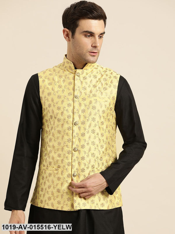 Men's Silk Blend Lemon Yellow & Gold Embroidered Nehru Jacket - Sojanya