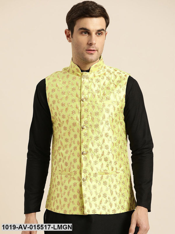 Men's Silk Blend Lime Green & Gold Embroidered Nehru Jacket - Sojanya