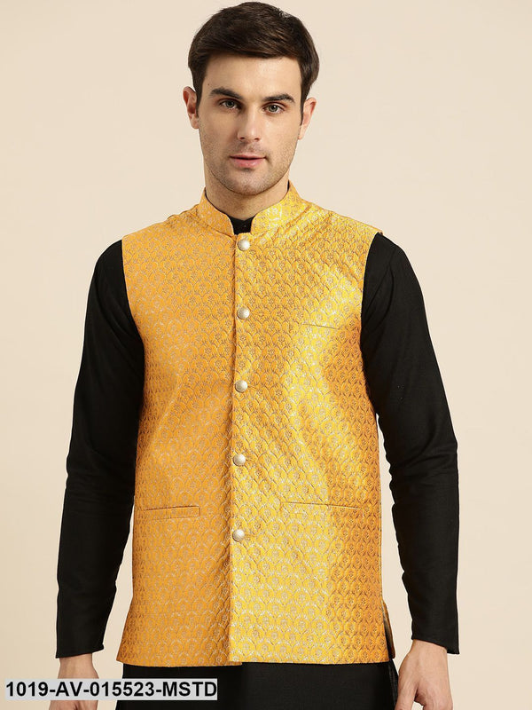 Men's Silk Blend Mustard & Gold Self Design Nehru Jacket - Sojanya