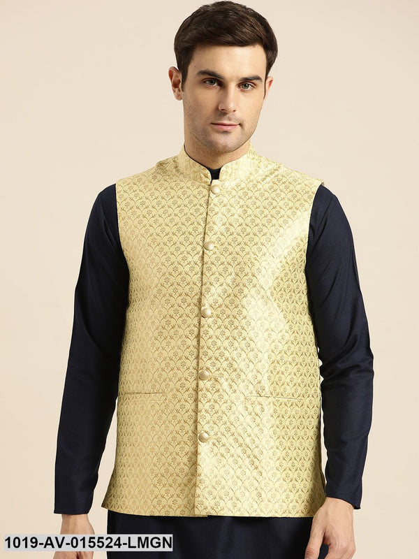 Men's Silk Blend Lime Green & Gold Self Design Nehru Jacket - Sojanya