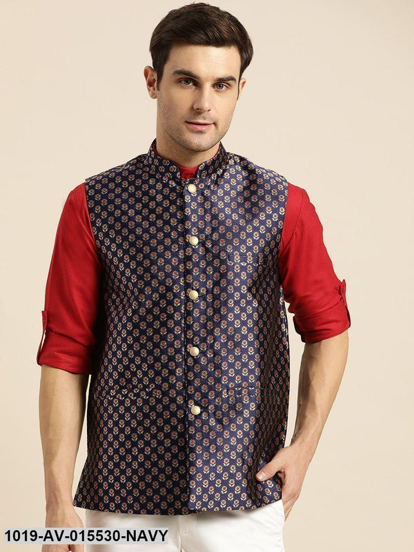 Men's Silk Blend Navy Blue & Multi Color Self Design Nehru Jacket - Sojanya - Indiakreations