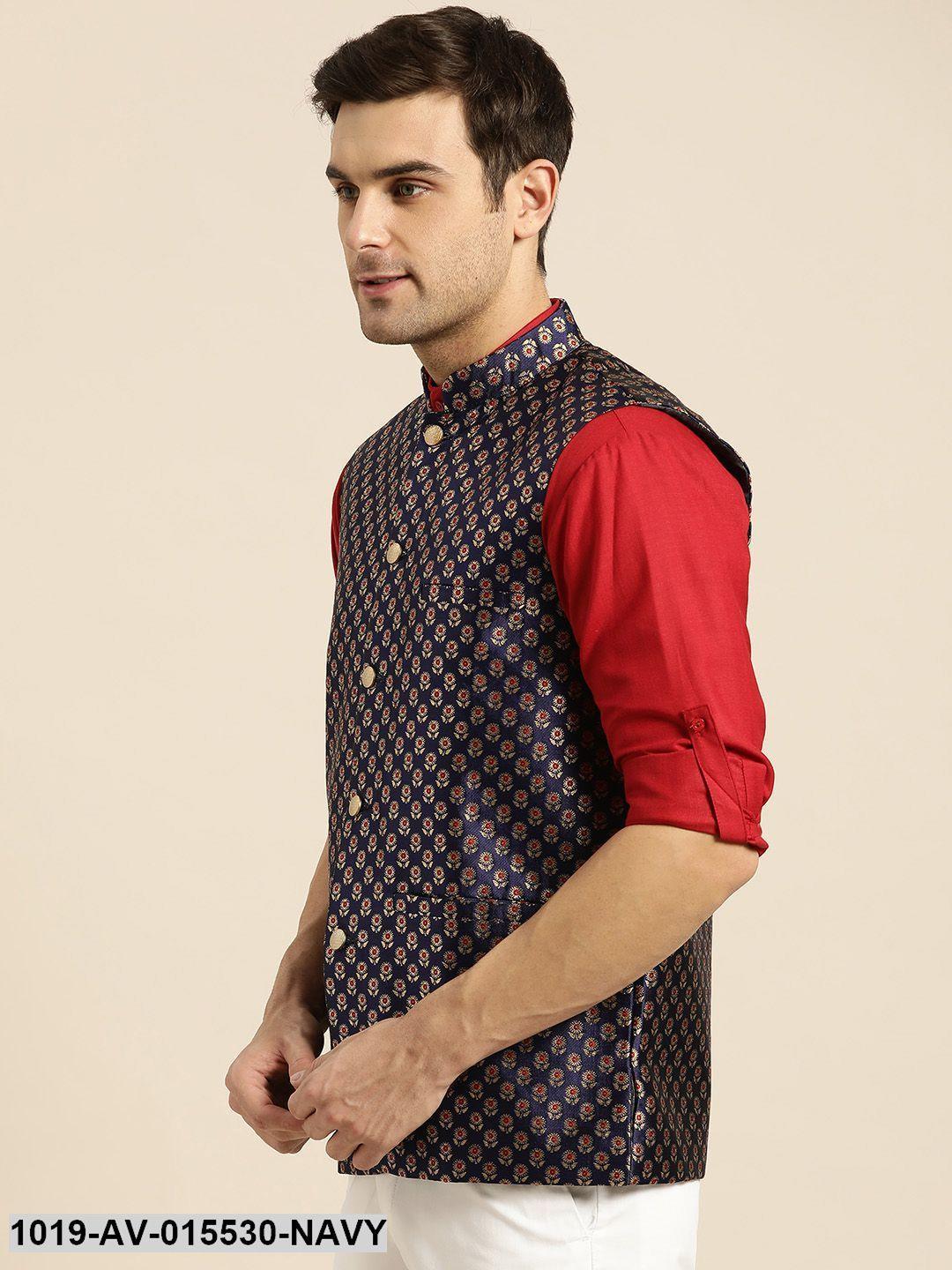 Men's Silk Blend Navy Blue & Multi Color Self Design Nehru Jacket - Sojanya - Indiakreations