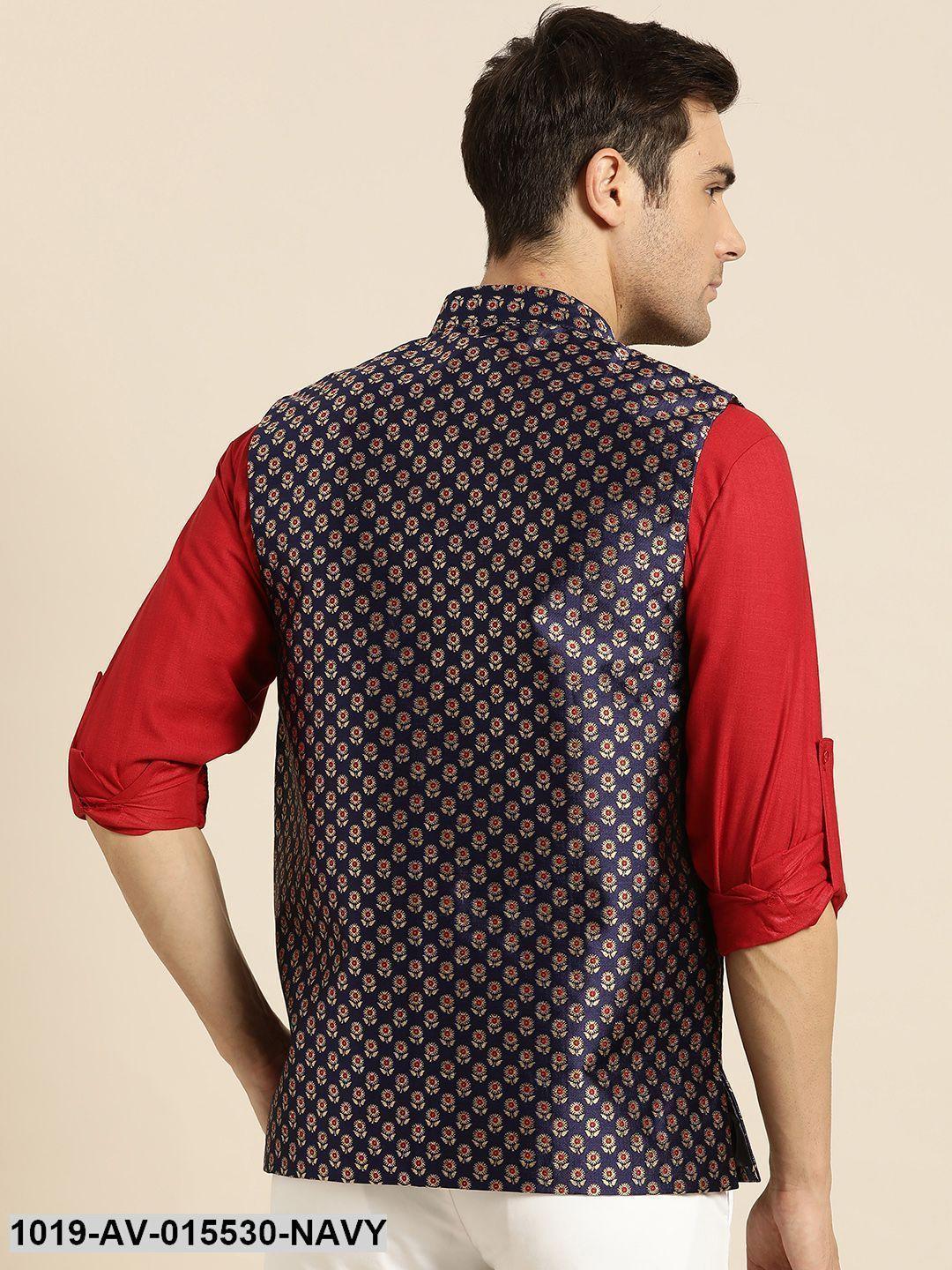 Men's Silk Blend Navy Blue & Multi Color Self Design Nehru Jacket - Sojanya - Indiakreations