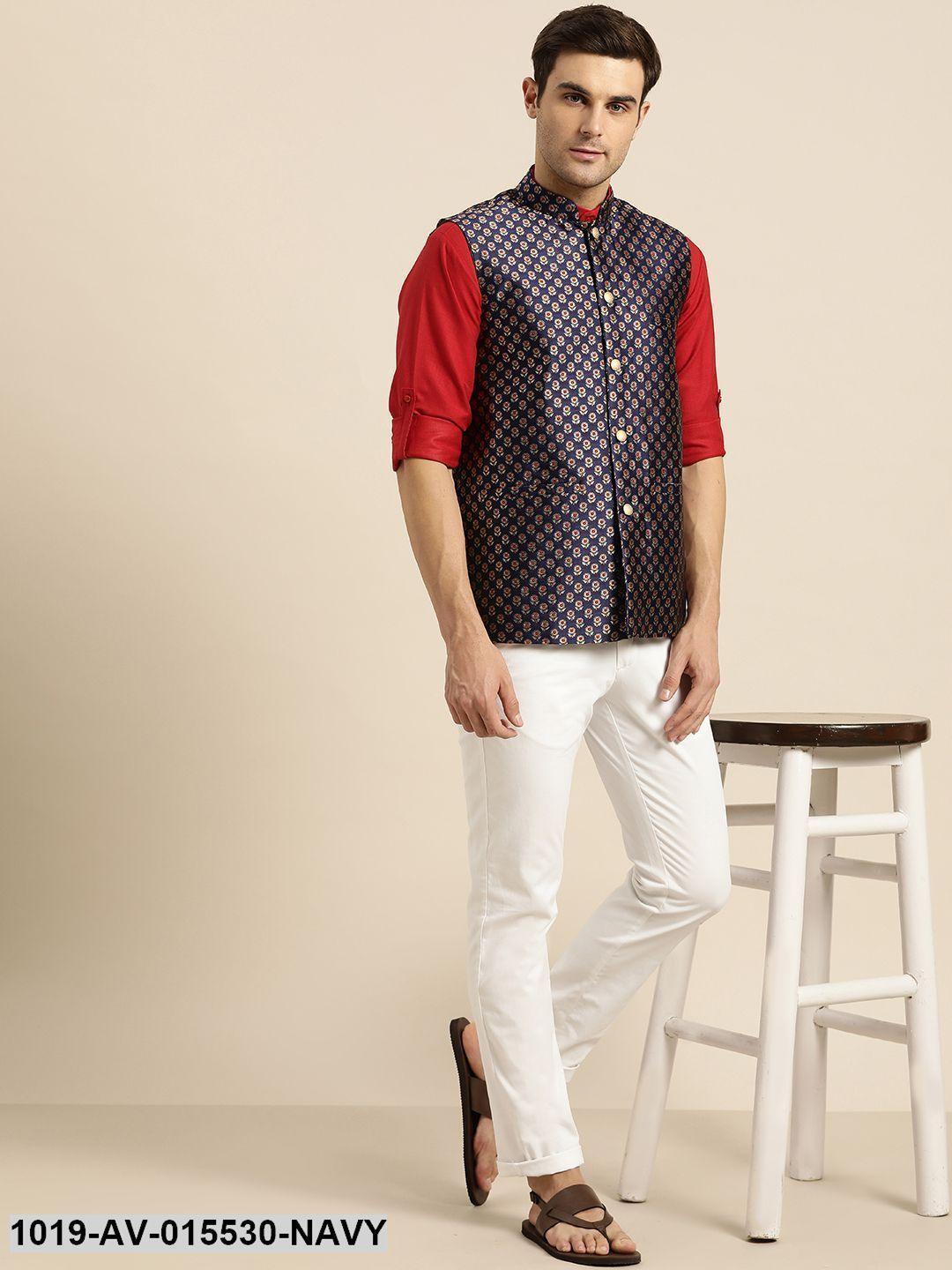 Men's Silk Blend Navy Blue & Multi Color Self Design Nehru Jacket - Sojanya - Indiakreations