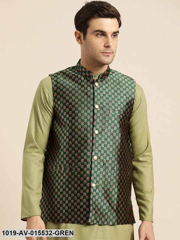 Men's Silk Blend Dark Green & Multi Color Self Design Nehru Jacket - Sojanya - Indiakreations