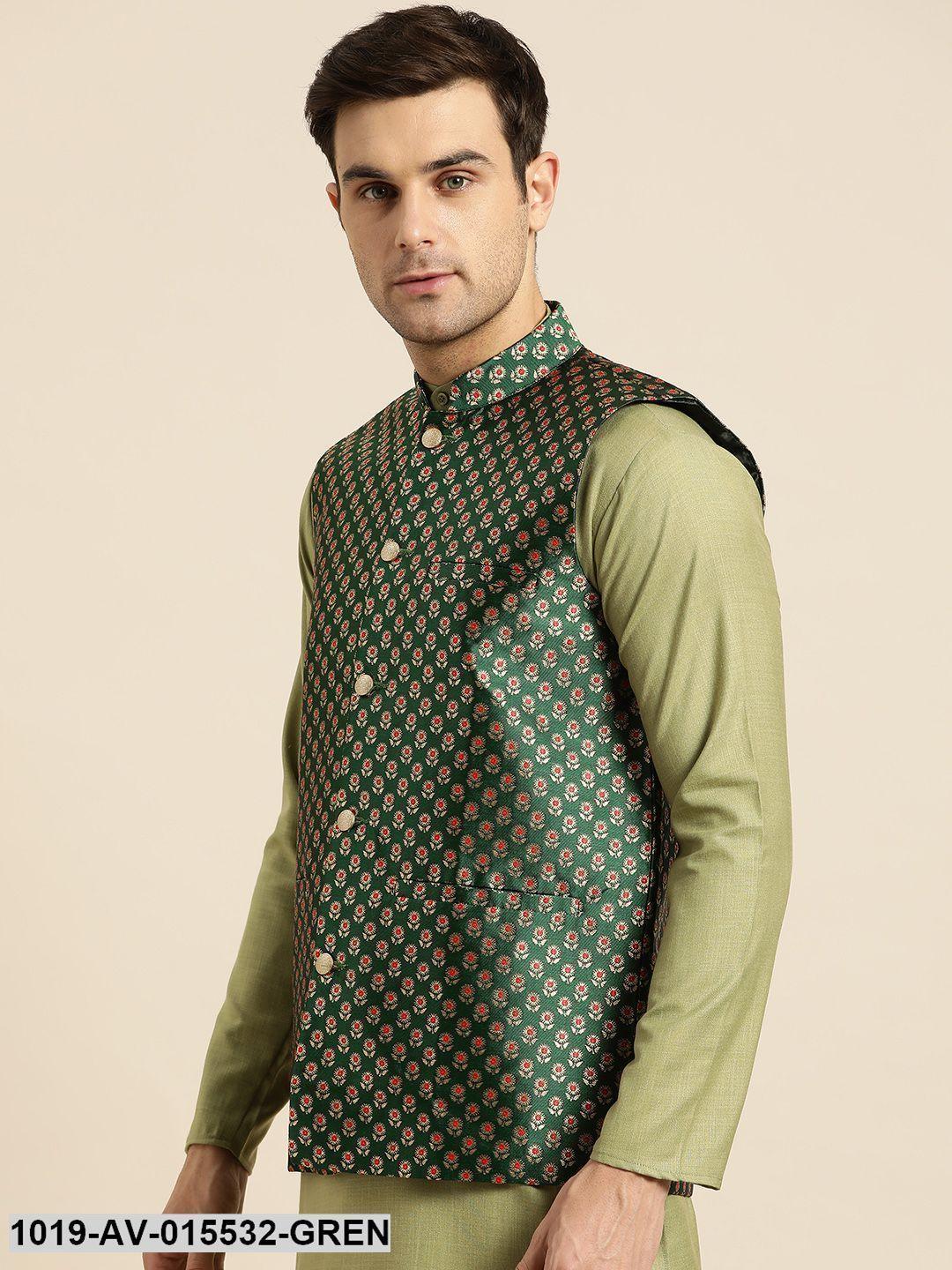 Men's Silk Blend Dark Green & Multi Color Self Design Nehru Jacket - Sojanya - Indiakreations