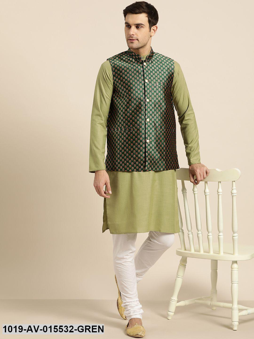 Men's Silk Blend Dark Green & Multi Color Self Design Nehru Jacket - Sojanya - Indiakreations