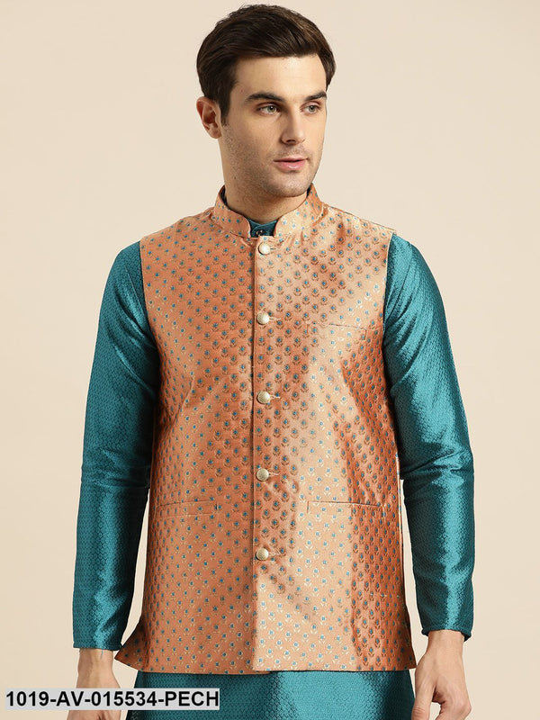 Men's Silk Blend Peach & Multi Color Self Design Nehru Jacket - Sojanya