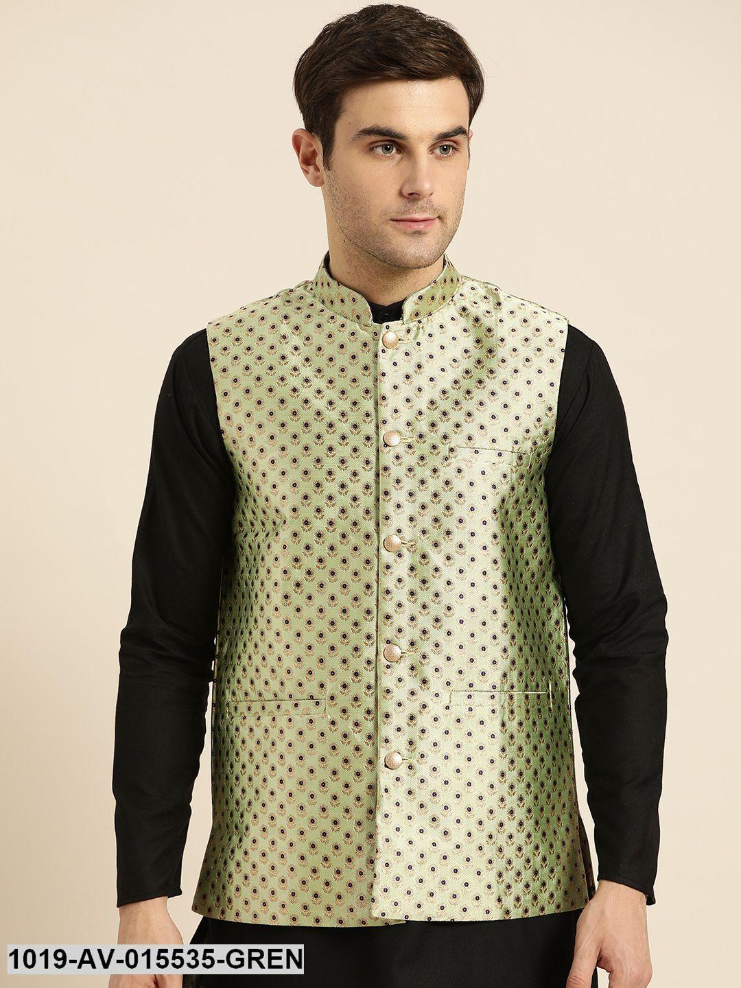 Men's Silk Blend Pista Green & Multi Color Self Design Nehru Jacket - Sojanya - Indiakreations