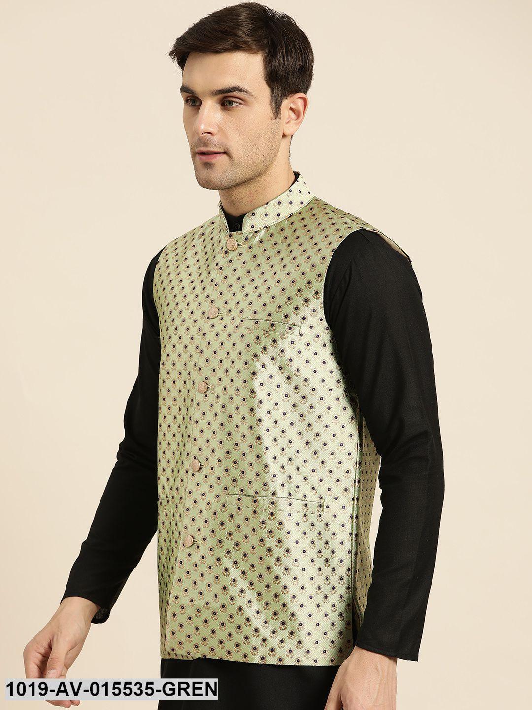 Men's Silk Blend Pista Green & Multi Color Self Design Nehru Jacket - Sojanya - Indiakreations