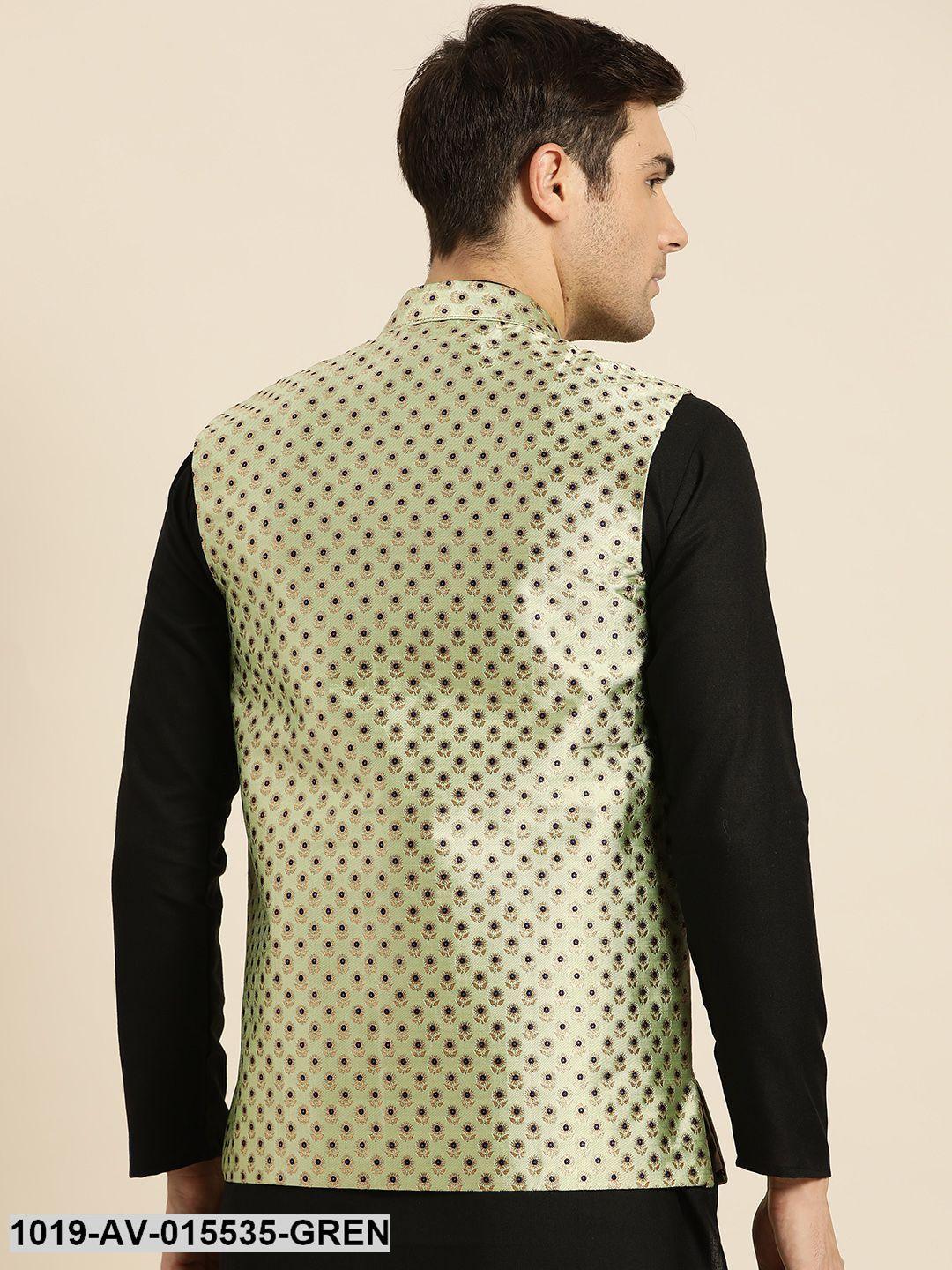 Men's Silk Blend Pista Green & Multi Color Self Design Nehru Jacket - Sojanya - Indiakreations