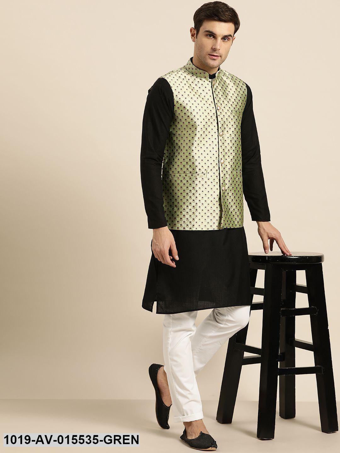 Men's Silk Blend Pista Green & Multi Color Self Design Nehru Jacket - Sojanya - Indiakreations