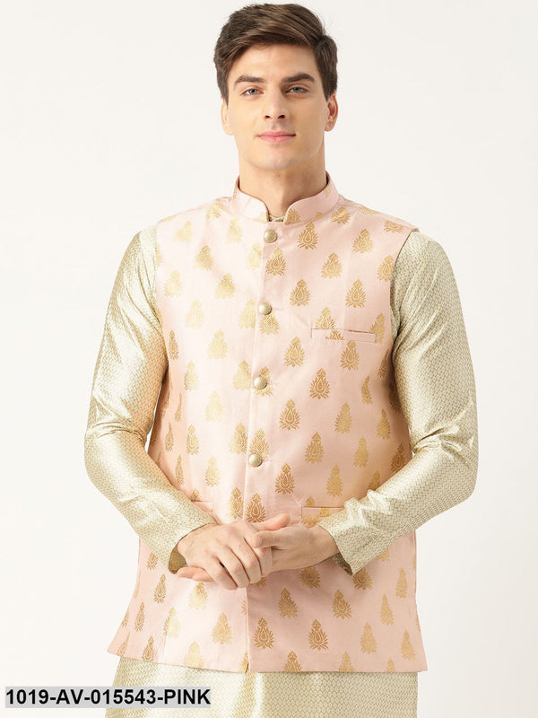 Men's Silk Blend Pink & Gold Self Design Nehru Jacket - Sojanya