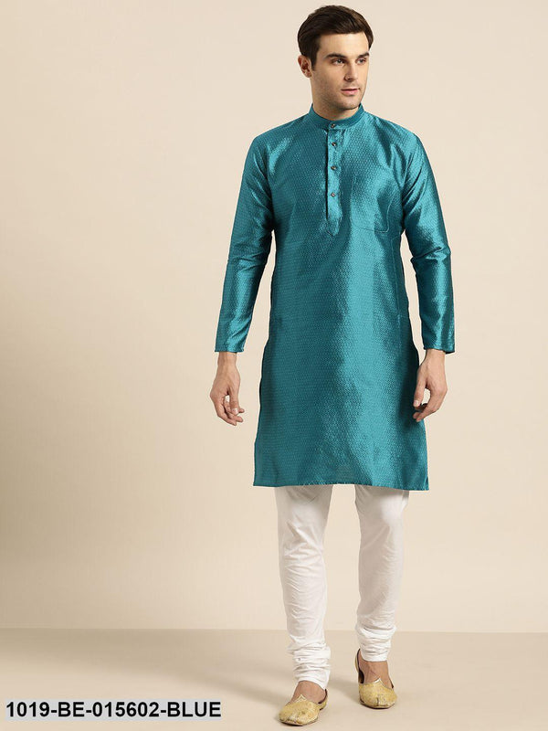 Men's Silk Blend Peacock Blue Self Design Only Kurta - Sojanya - Indiakreations