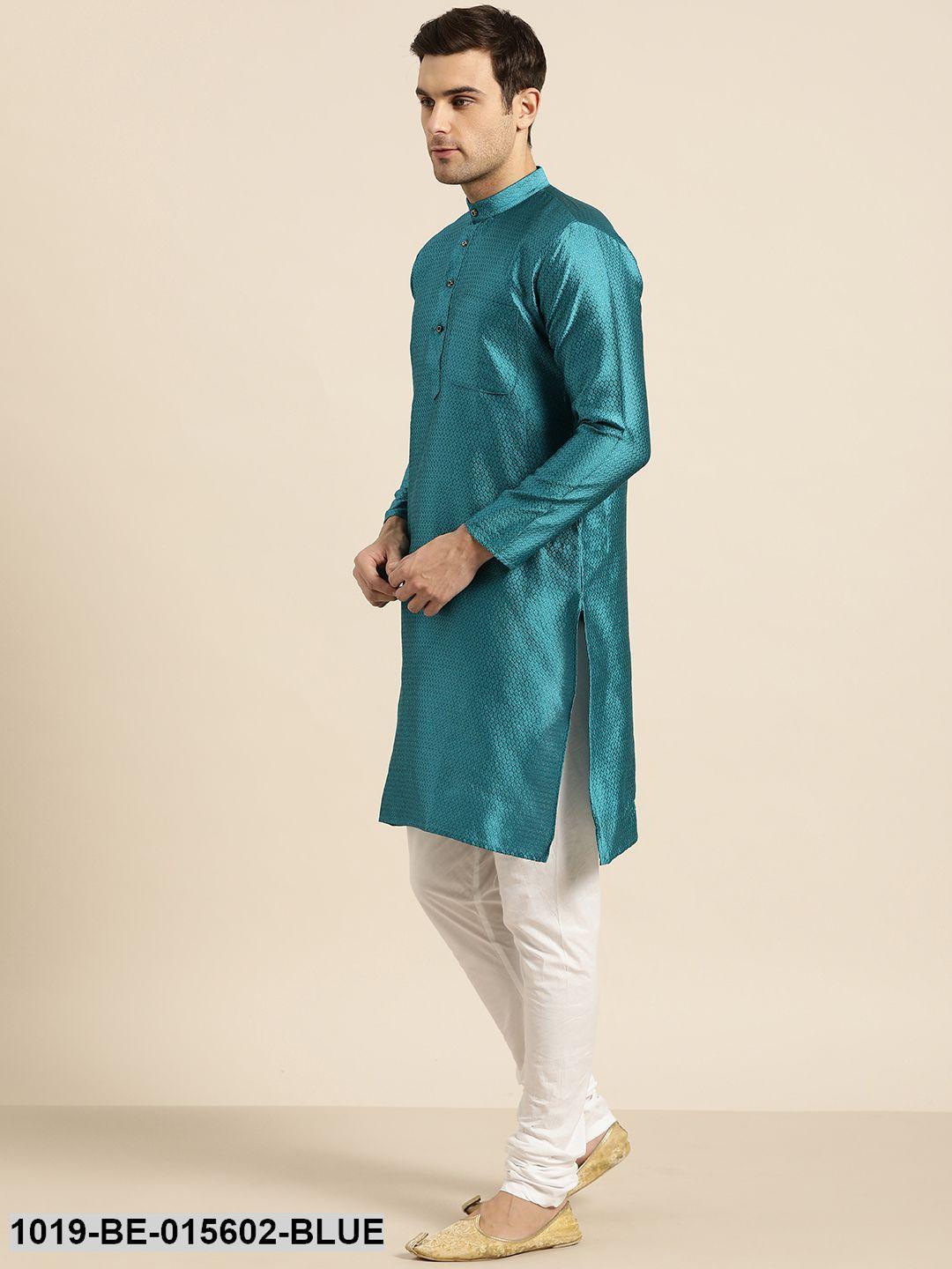 Men's Silk Blend Peacock Blue Self Design Only Kurta - Sojanya - Indiakreations