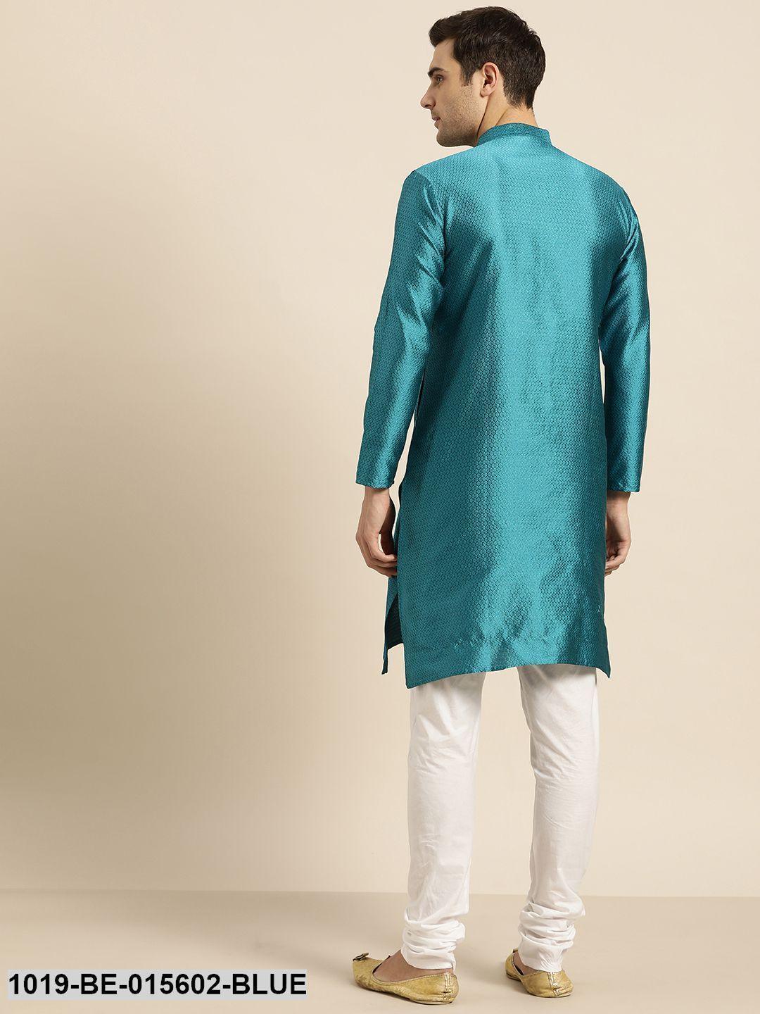 Men's Silk Blend Peacock Blue Self Design Only Kurta - Sojanya - Indiakreations