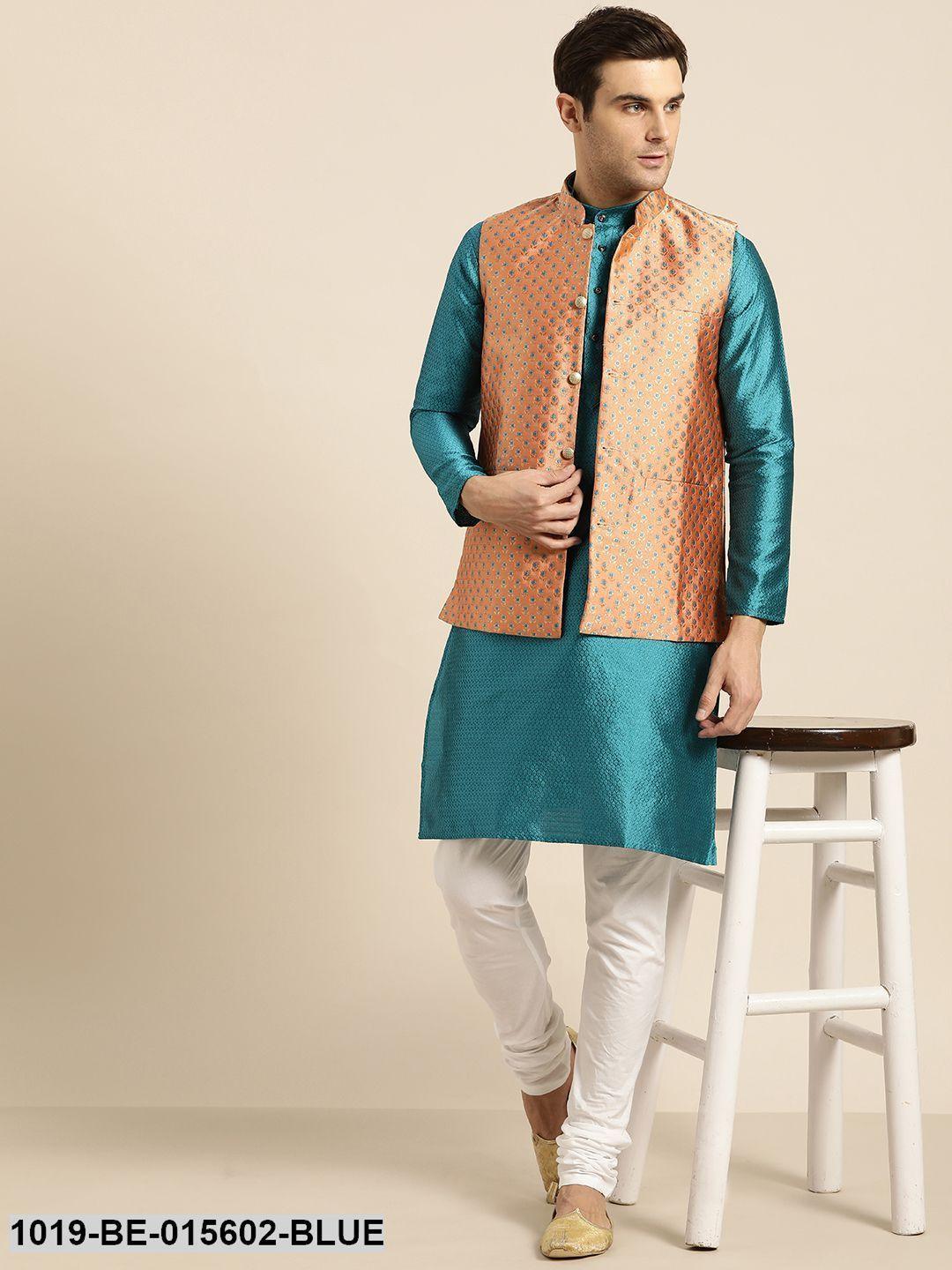 Men's Silk Blend Peacock Blue Self Design Only Kurta - Sojanya - Indiakreations