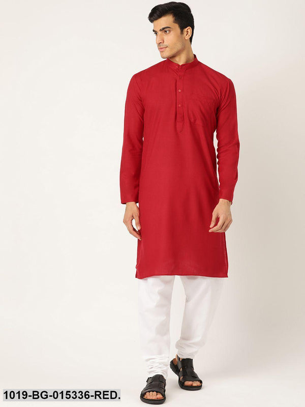 Men's Cotton Red Solid Kurta & White Churidar Pyjama Set - Sojanya - Indiakreations