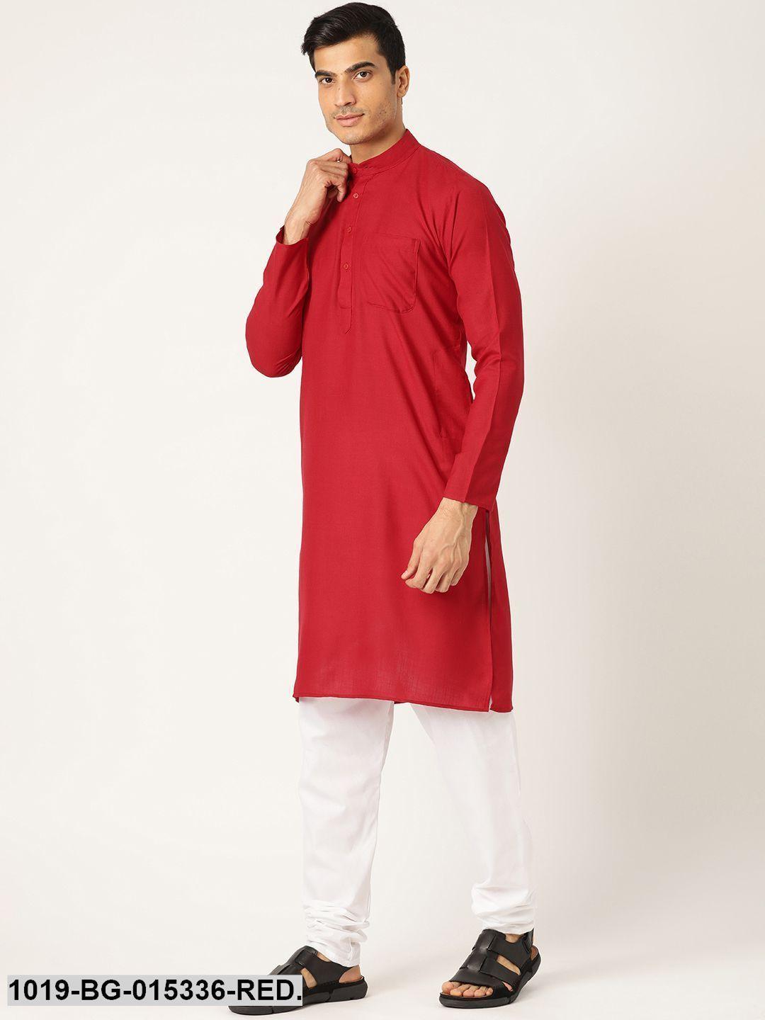 Men's Cotton Red Solid Kurta & White Churidar Pyjama Set - Sojanya - Indiakreations