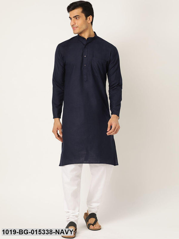 Men's Cotton Navy Blue Solid Kurta & White Churidar Pyjama Set - Sojanya - Indiakreations