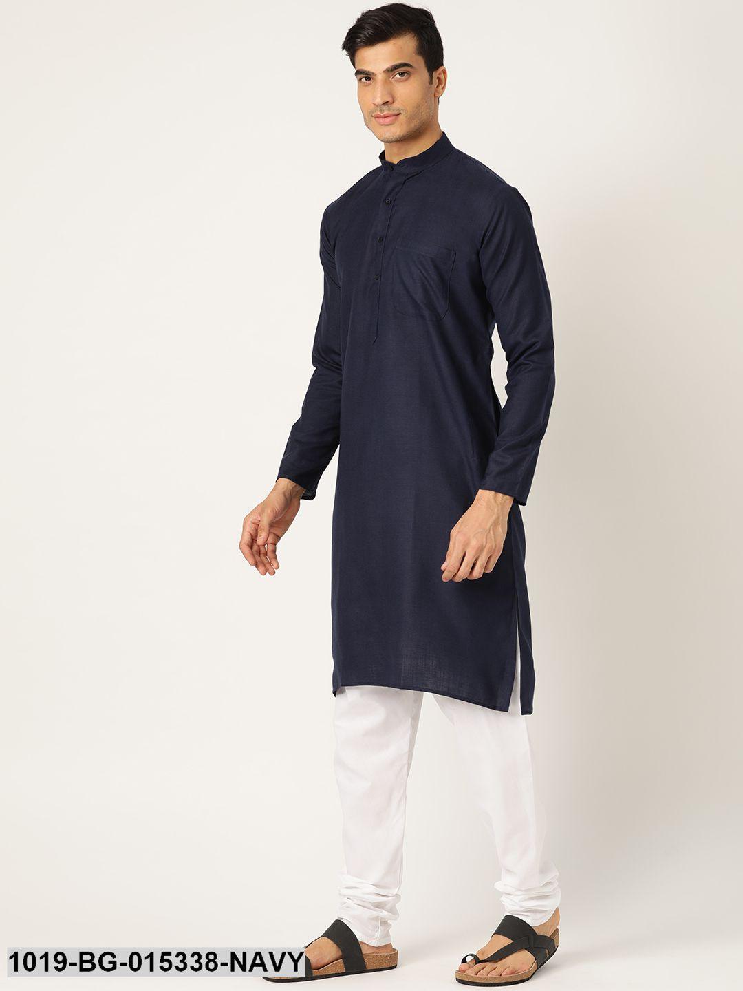 Men's Cotton Navy Blue Solid Kurta & White Churidar Pyjama Set - Sojanya - Indiakreations