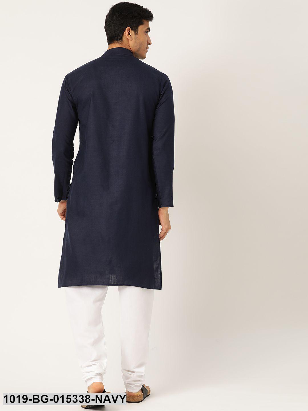 Men's Cotton Navy Blue Solid Kurta & White Churidar Pyjama Set - Sojanya - Indiakreations