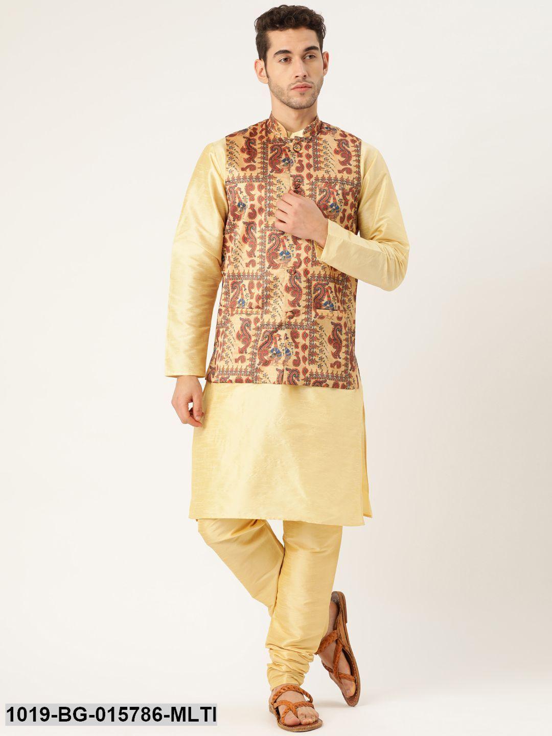 Men's Silk Blend Gold Kurta Pyjama & Multi Nehru jacket Combo - Sojanya - Indiakreations