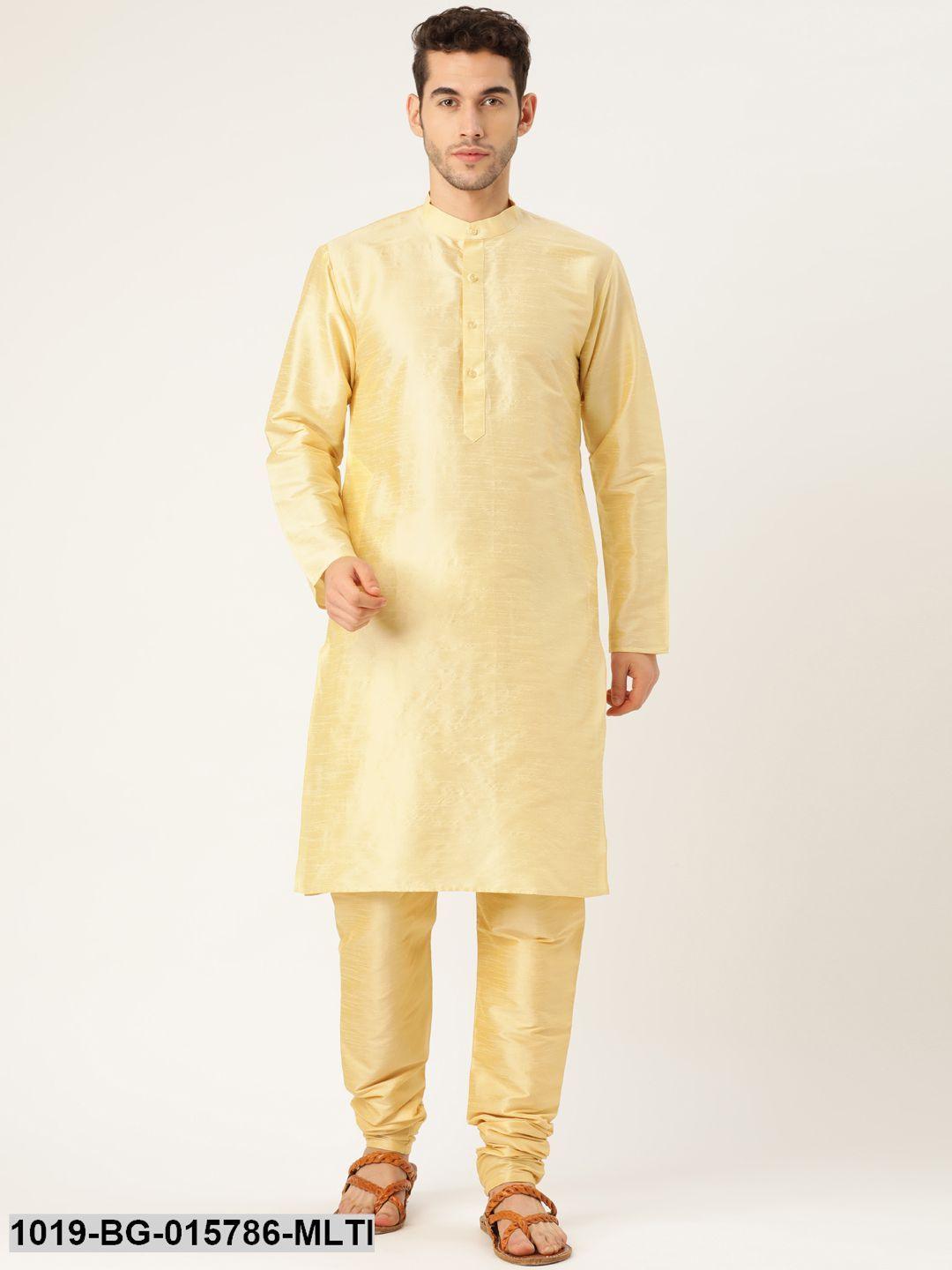 Men's Silk Blend Gold Kurta Pyjama & Multi Nehru jacket Combo - Sojanya - Indiakreations