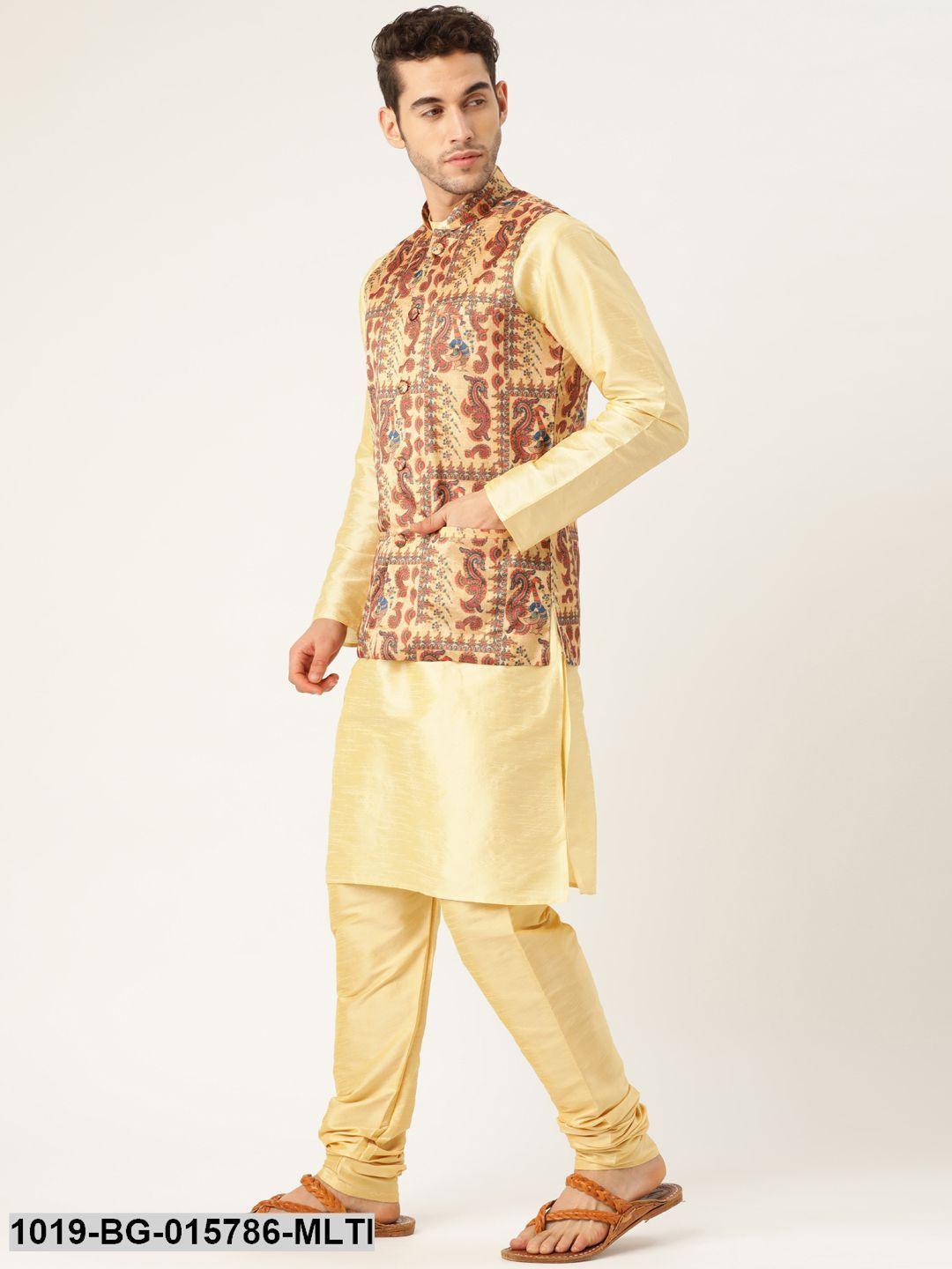 Men's Silk Blend Gold Kurta Pyjama & Multi Nehru jacket Combo - Sojanya - Indiakreations