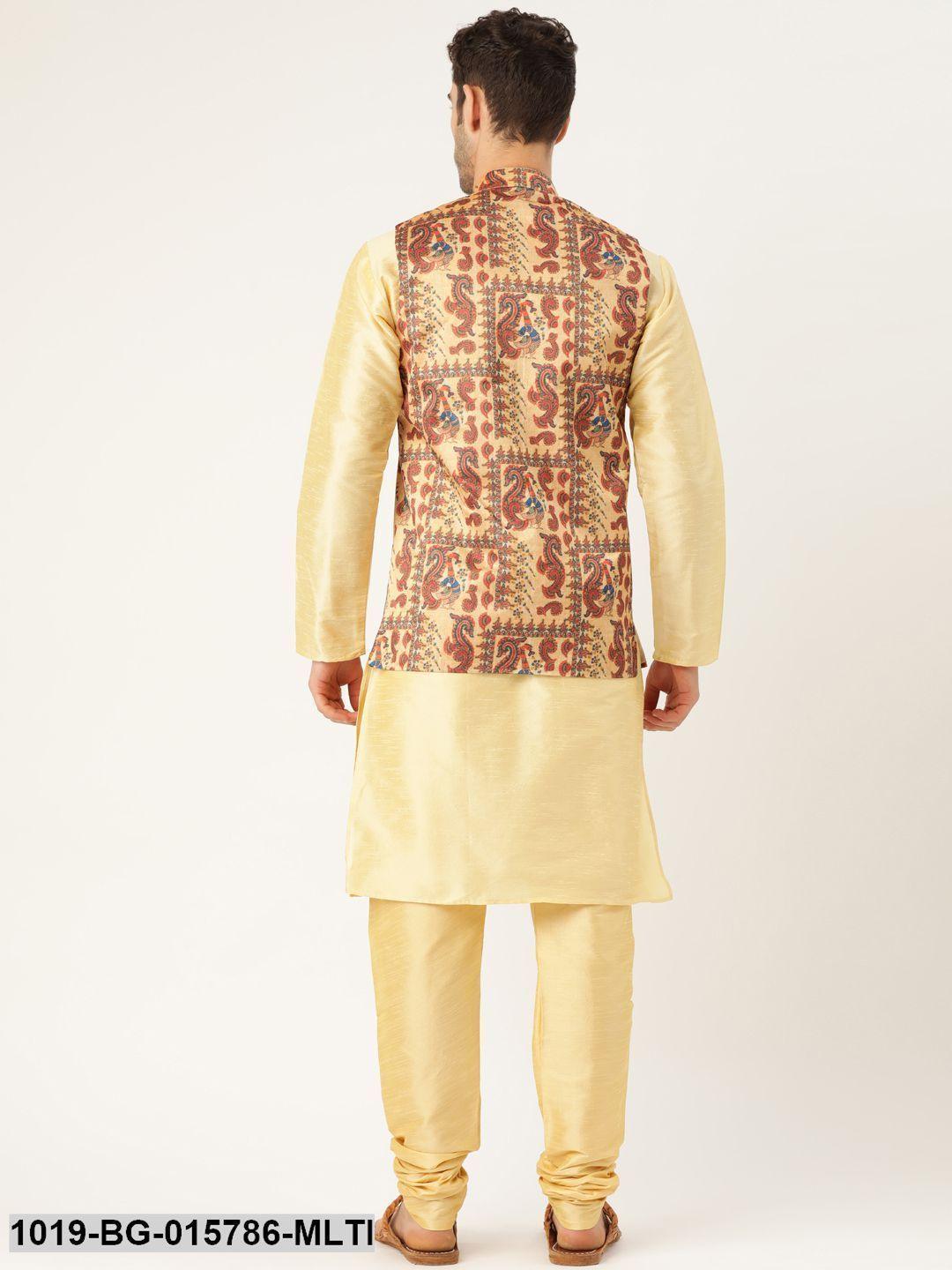 Men's Silk Blend Gold Kurta Pyjama & Multi Nehru jacket Combo - Sojanya - Indiakreations