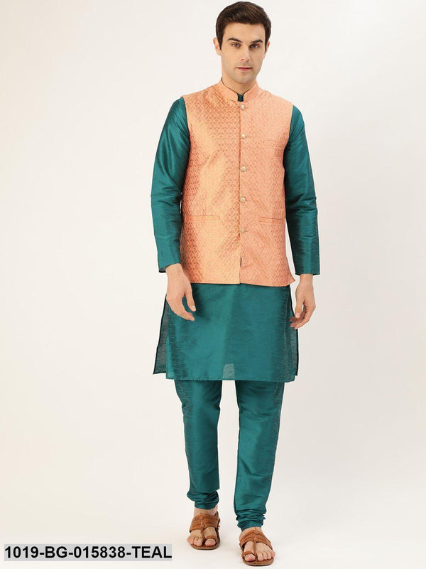 Men's Silk Blend Teal Green Kurta Pyjama & Peach Nehru jacket Combo - Sojanya - Indiakreations